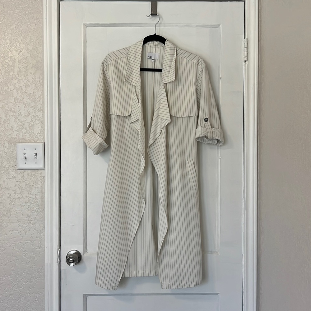 Off-white and black pin strip trench coat. Light weight fabric, size small.